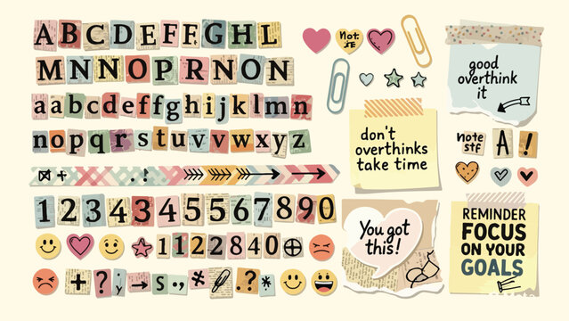 Vintage ransom note alphabet set, colorful newspaper cutout letters and numbers vector, retro scrapbooking elements with motivational quotes and stickers