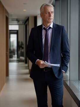 Generative AI, Serious businessman standing in office corridor holding documents full body