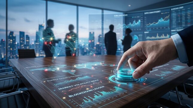 Blockchain technology and fintech concept, hand interacting with holographic interface showing global market analysis, trading graphs and secure ledger on smart table.