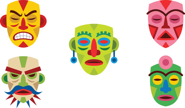 Tribal mask vector icon set featuring colorful tiki ritual masks aztec maya ethnic face sculptures and indigenous ornaments isolated on white background