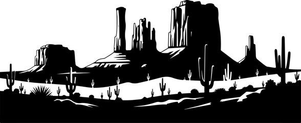 Obraz premium Desert landscape, black silhouette, cactus icons, vector west