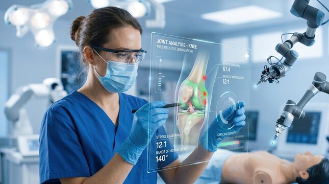 Surgeon in blue scrubs and mask analyzing knee joint stress load and cartilage loss using transparent holographic display assisted by robotic surgical arms in advanced operating