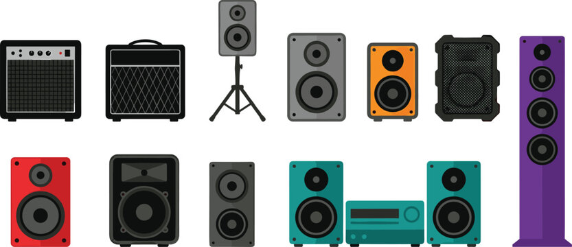Audio speaker and sound amplifier vector icon set featuring guitar amps studio monitors stereo systems and tower loudspeakers isolated on white background