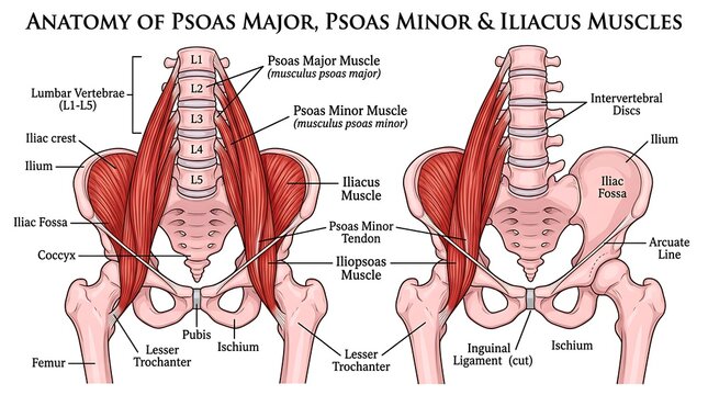 Comparative anatomy of psoas major, psoas minor, and iliacus muscles in human pelvis