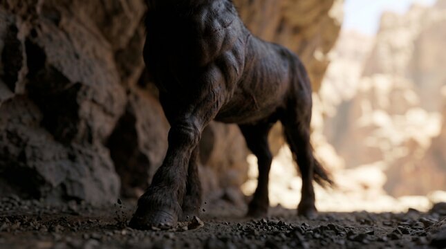 Dark beast legs and hooves walking on a dusty rocky canyon path