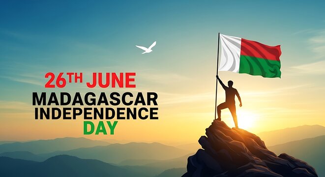 Man standing on mountain peak waving madagascar flag on june 26th independence day