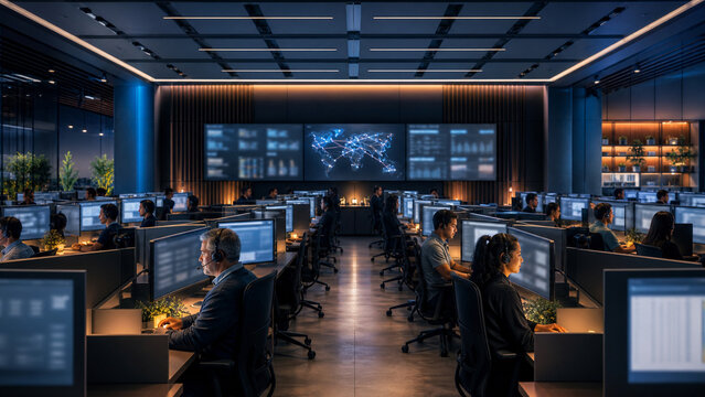 Futuristic command center with headset operators, multiple monitors, global network display, and blue orange office lighting.