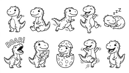 Obraz premium Cute Baby T-Rex Cartoon Vector Illustration Set with Playful Dinosaur Poses and Kawaii Expressions