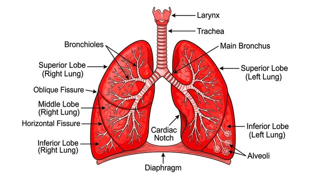 Detailed anatomical of human lungs with labeled lobes and airways