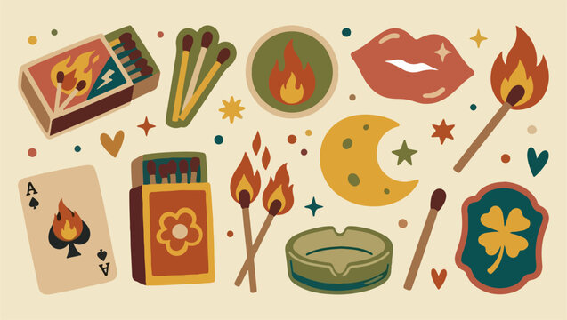 Fire flame elements, matchstick camp icons, lit match patterns, campfire night symbols, smoke burning heat, matches box art, fireplace spark graphics, warm glow design
fire, flame, match, matches, mat
