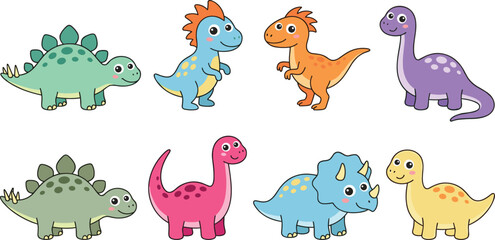 Cute kawaii dinosaur vector character set featuring friendly cartoon t-rex triceratops stegosaurus and brontosaurus models isolated on white background © Kuddus