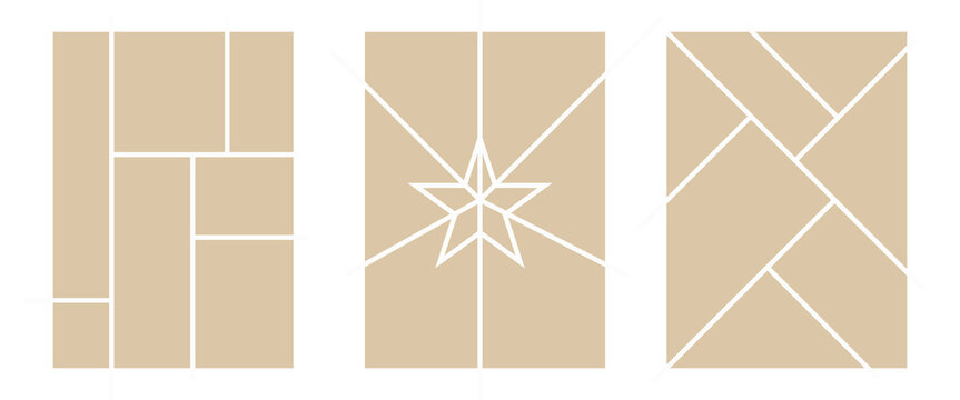 Image collage layout template. Beige mosaic mood board grid collection. Picture frame set. Photo album idea for banner, poster, comic page, flyer, brochure, booklet, memory wall design. Vector pack