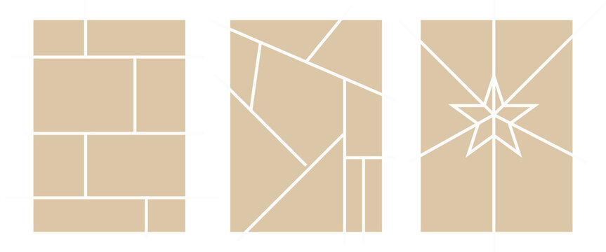 Image collage layout template. Beige mosaic mood board grid collection. Picture frame set. Photo album idea for banner, poster, comic page, flyer, brochure, booklet, memory wall design. Vector pack