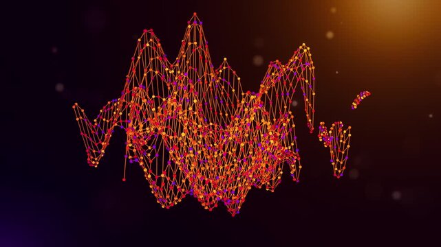 Dynamic Spain map reveal animation formed by connected neural network lines and colorful nodes over a purple and orange bokeh background, representing data, AI, and digital transformation.