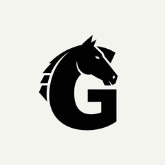 Bold black horse head with stylized mane overlaps a large letter G © leandroo