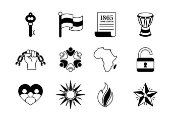 Fototapeta premium Black History Symbols Icon Set Emancipation 1865 for Juneteenth Freedom Celebration