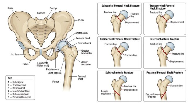 Educational medical chart of human hip anatomy and femoral neck fracture types