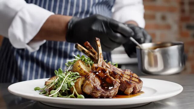 Professional Chef Plating Gourmet Lamb Chops with dark sauce and roasted potatoes, ideal for restaurant promotions and culinary marketing.