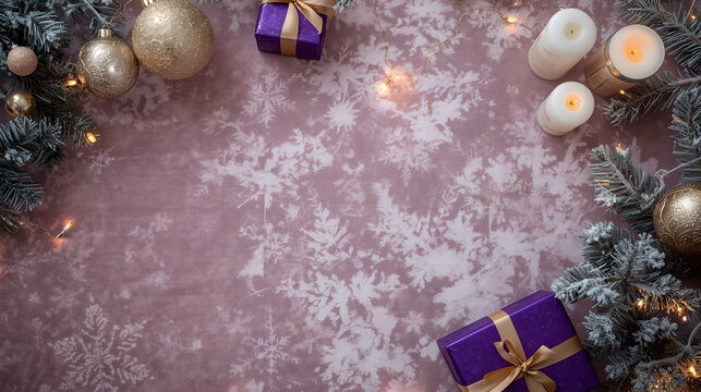 Soft pink Christmas background with frosted snowflake texture white candles and golden ornaments