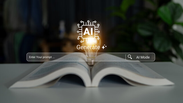 This image captures an open book with a glowing light bulb symbolizing innovation and creativity in a workspace, ideal for themes related to education and technology. Ledger