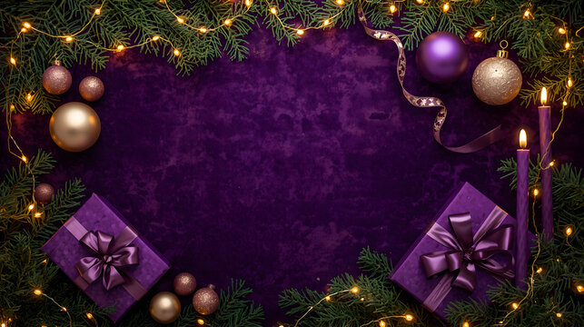 Magical Christmas border on purple background with lit purple candles golden ornaments and glowing string lights