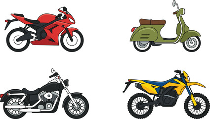Motorcycle vector collection featuring sport bike vintage scooter classic chopper cruiser and dirt bike models isolated on white background © Kuddus