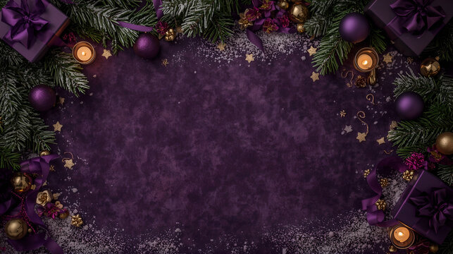 Luxury Christmas background with dark purple gifts, satin ribbons, frosted pine branches, gold and purple ornaments, and glowing candles.