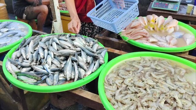 Pajangan makanan laut segar di pasar tradisional yang menampilkan ikan mentah dan udang di dalam baskom hijau.