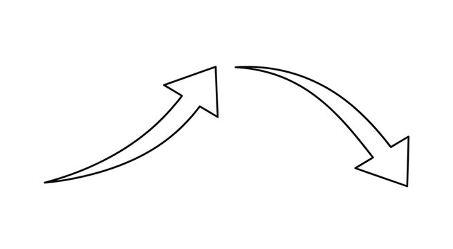 Curved upward and downward arrow outline vector set representing financial growth market decline bounce back and business cycle isolated on white background