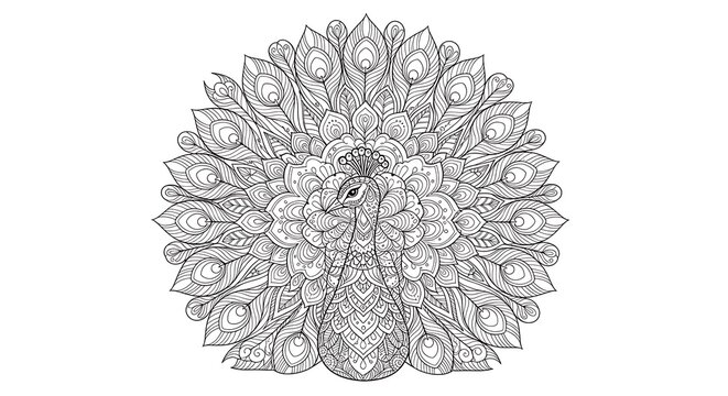 Intricate black and white peacock mandala coloring page with floral patterns