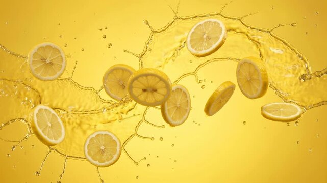 Slow motion fresh lemon slices rotating in yellow liquid splash, citrus juice swirl, vibrant yellow background, dynamic droplets, refreshing concept, 4K video