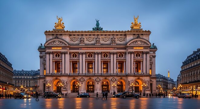Grand illuminated opera house at dusk with golden statues and reflective plaza