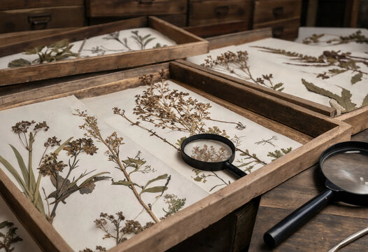Wooden trays containing pressed dried plant specimens with magnifying glasses for detailed botanical examination and scientific research