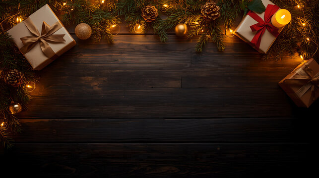 Cozy Christmas background on dark wooden planks with gift boxes, pine branches, pine cones, warm fairy lights, and burning candle.
