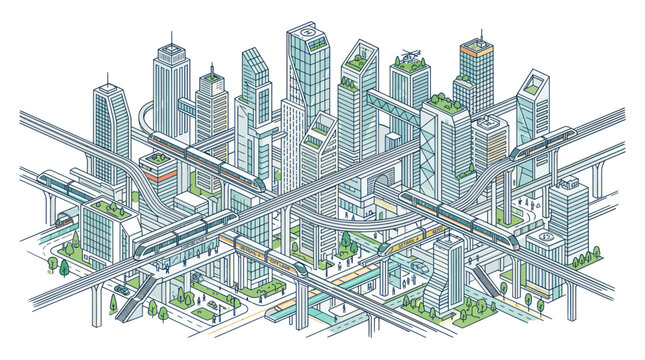 Modern urban landscape with high speed monorails and green architecture