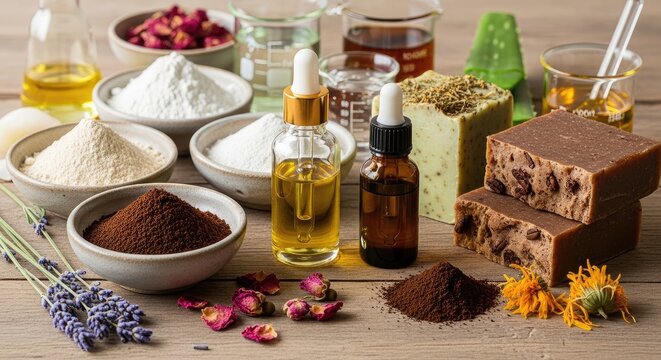 Natural ingredients for handmade soap and organic cosmetics on wood