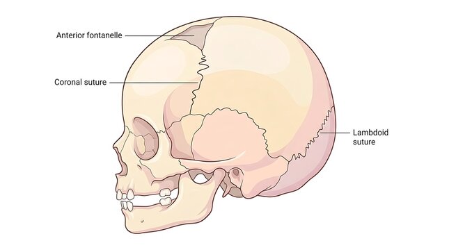 Lateral view of an infant skull showing sutures and fontanelle