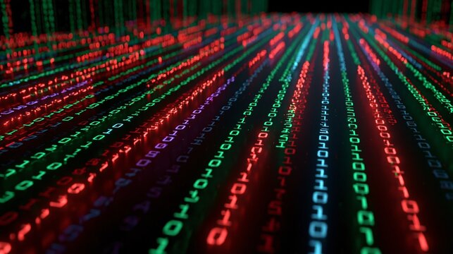 Luminous binary code streams flow in vibrant red, green, and blue digital rows across dark surface