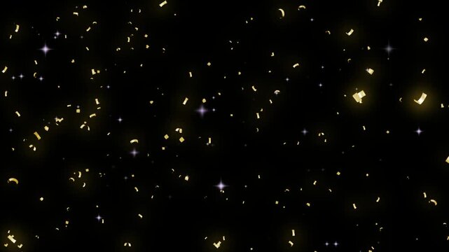 Confetti scattered golden bits drift in a soft glowing pattern over a dark void for festive graphic needs.