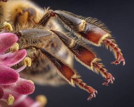 Close-up of a honeybee's tarsal claws gripping a flower petal, extreme detail