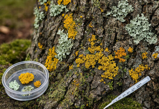 Yellow and green lichen growing on tree bark with a petri dish containing lichen samples and a plastic tool for biological research