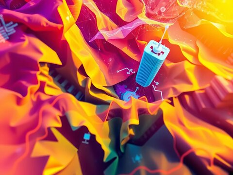 Vibrant, oversaturated data visualization unfurls from a top-down project discussion, a digital tapestry,  project,  aerial