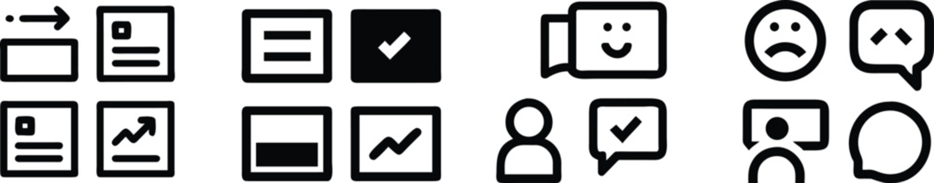 Four black and white representing document processing, data charts, user feedback, and emotional sentiment analysis symbols