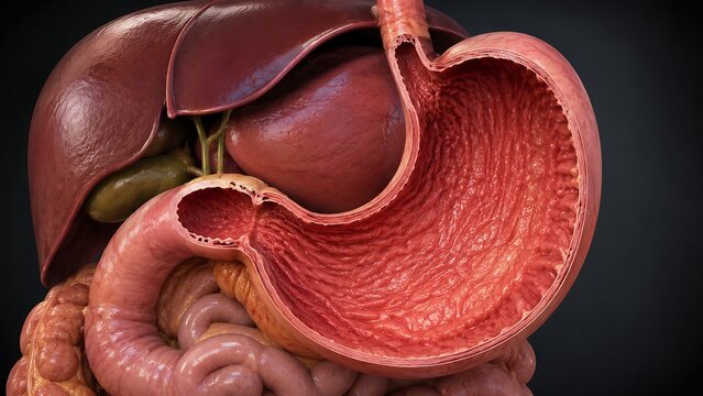 Human Stomach Anatomy with Digestive System Organs and Gastrointestinal Tract Structure, Medical Illustration