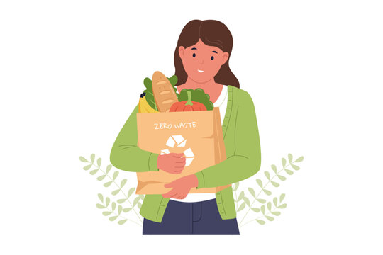 Illustration of Woman Carrying Zero Waste Grocery Paper Bag. A smiling woman holding a brown paper grocery bag filled with fresh bread, vegetables, and fruits, featuring a zero-waste recycling logo