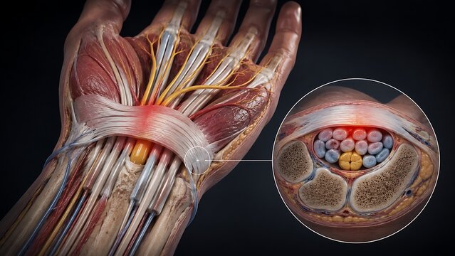 Carpal Tunnel Syndrome with Median Nerve Compression in the Wrist and Hand, Medical Illustration