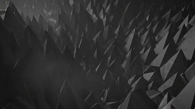 A monochrome abstract background featuring many sharp geometric pyramids