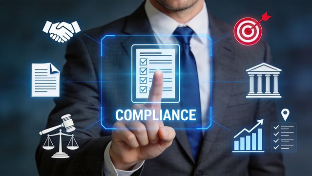 Business compliance and regulatory adherence concept, digital interface with checklist, legal agreement, corporate governance icons