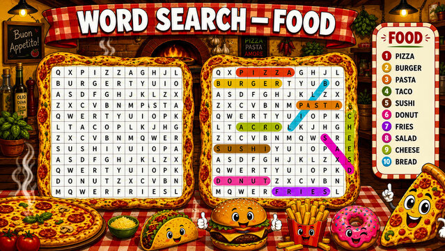 Pizza slices smile below a word search grid. Foods are hidden in letters, bold and fun. Children might find joy in this playful puzzle. Bright colors invite learners to engage. Ideal for classrooms