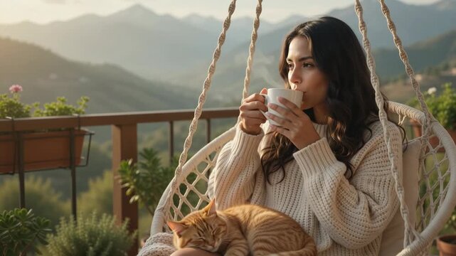 Smiling Mexican woman drinking hot coffee in hanging chair with sleeping cat on mountain balcony
